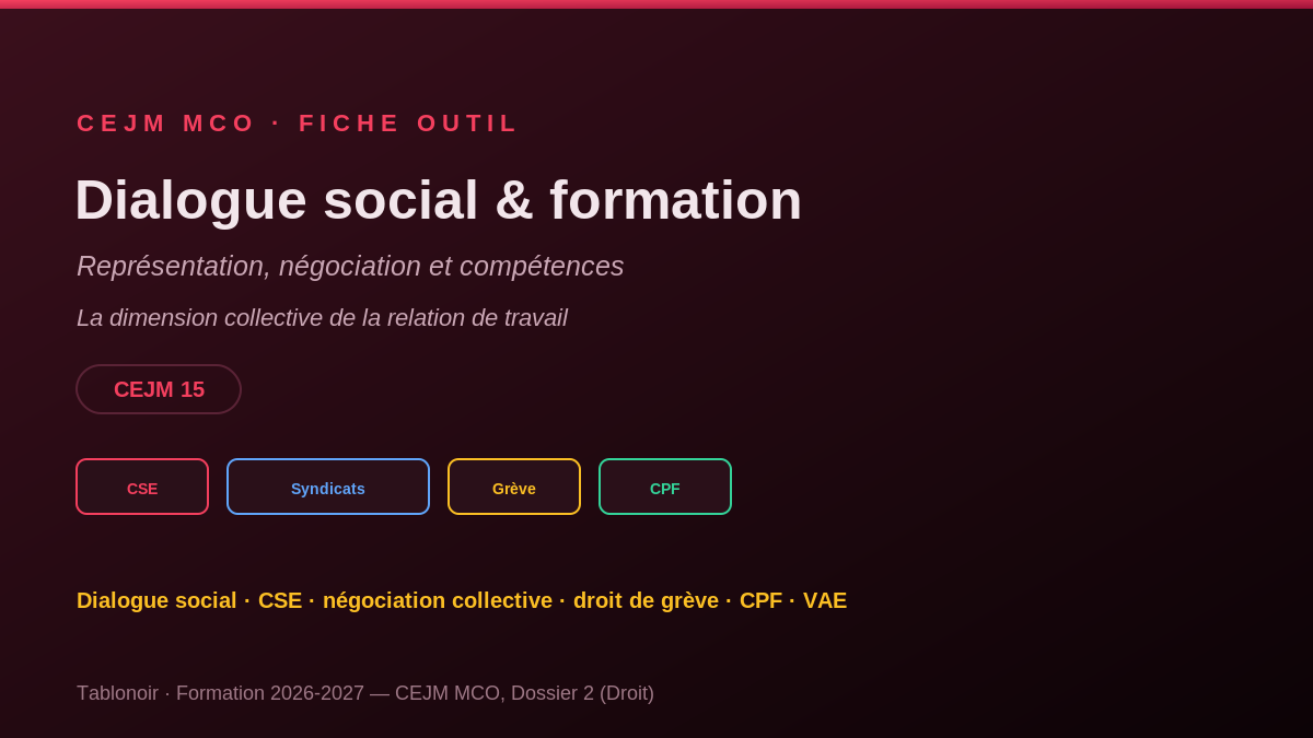 Infographie CEJM 2.10 — Dialogue social et formation professionnelle