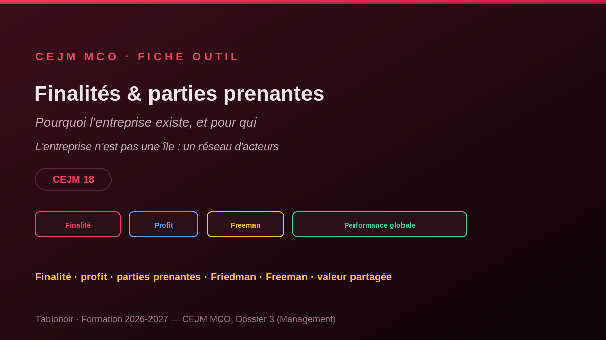 Infographie CEJM 3.02 — Les finalités de l'entreprise et les parties prenantes