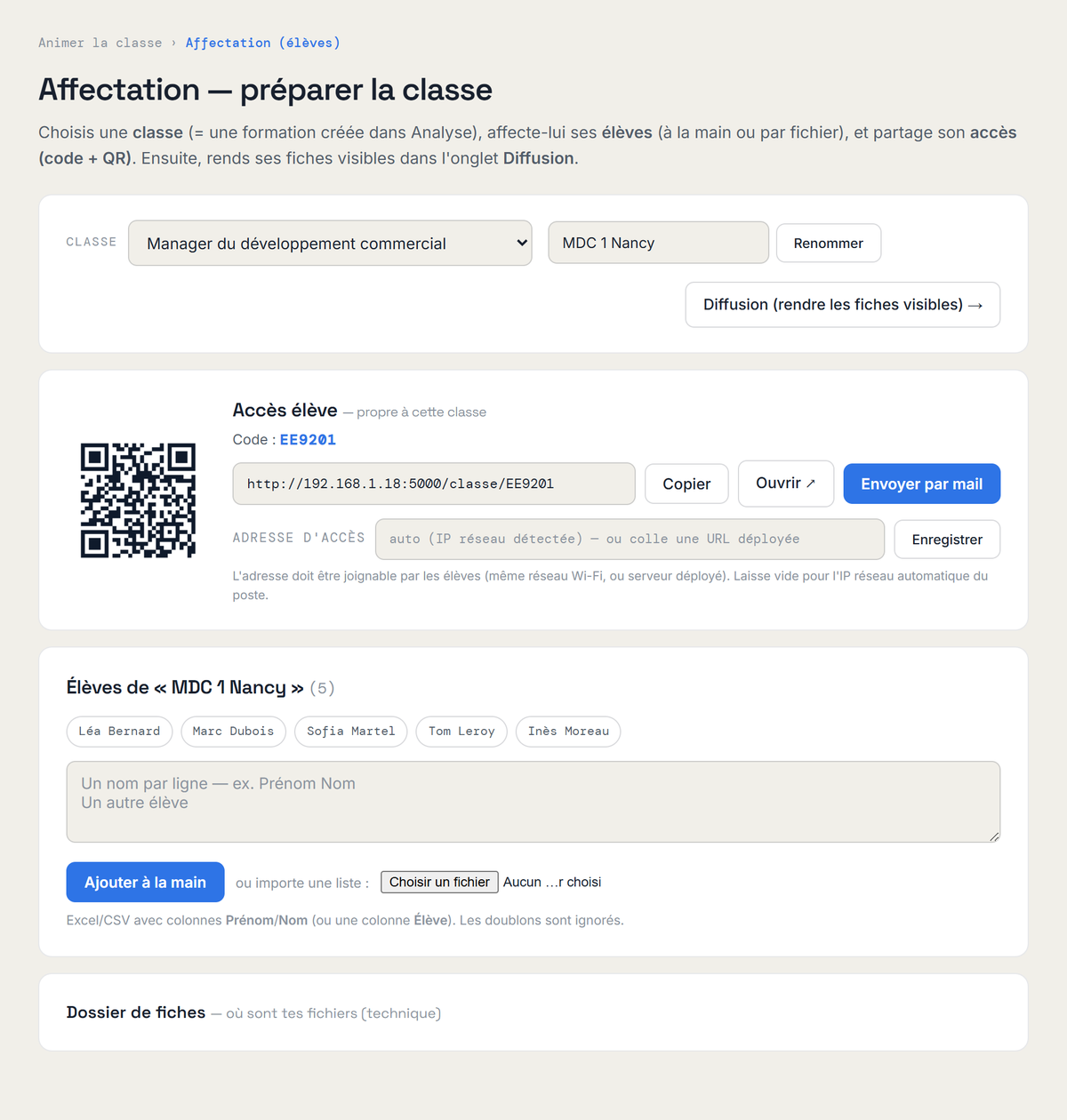 Affectation — classes, élèves, code et QR d'accès