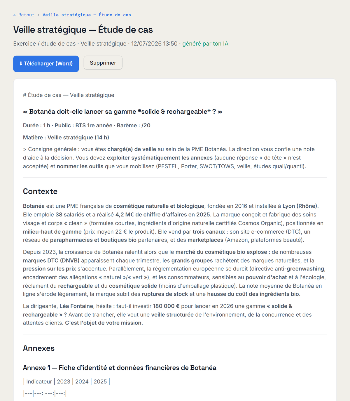 Exercices et cas — sujet réaliste avec grille de notation