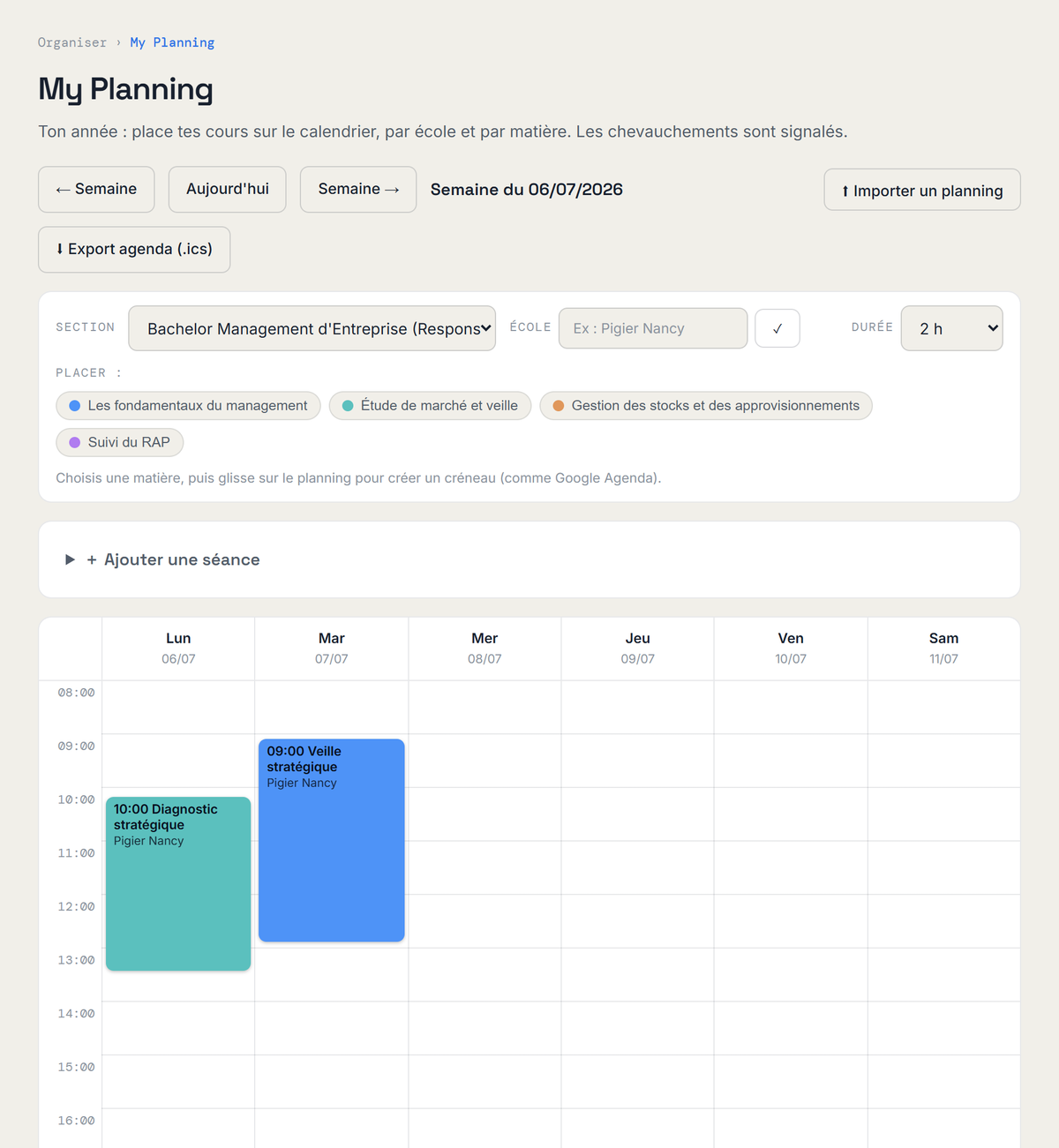 My Planning — calendrier semaine, séances, chevauchements