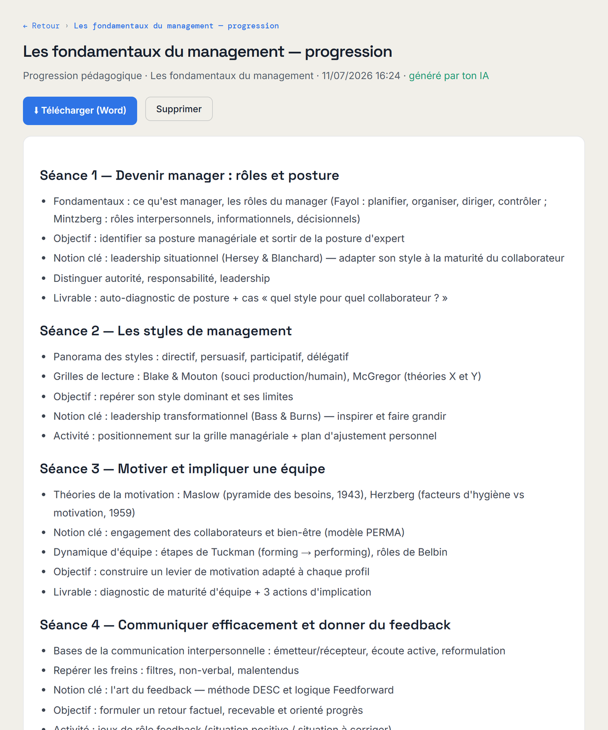 Progression pédagogique — séances détaillées