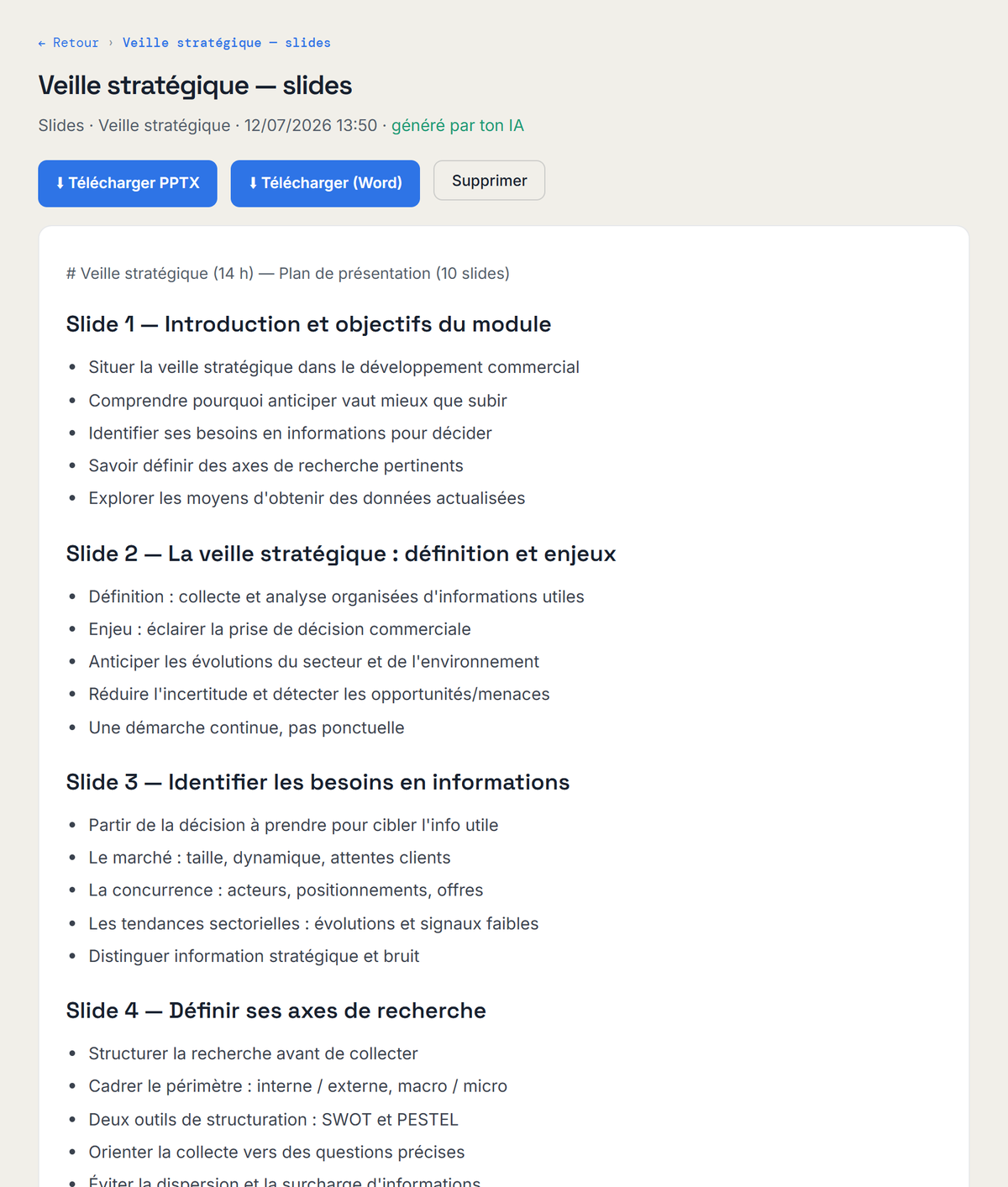 Slides — plan de présentation, export PowerPoint